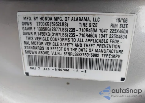 2007 Honda Odyssey Touring from USA, damaged, VIN 5FNRL38827B016982